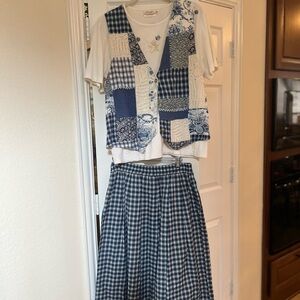 Susan Bristol Blue Patchwork Vest, matching shirt  and Checkered Skirt Set